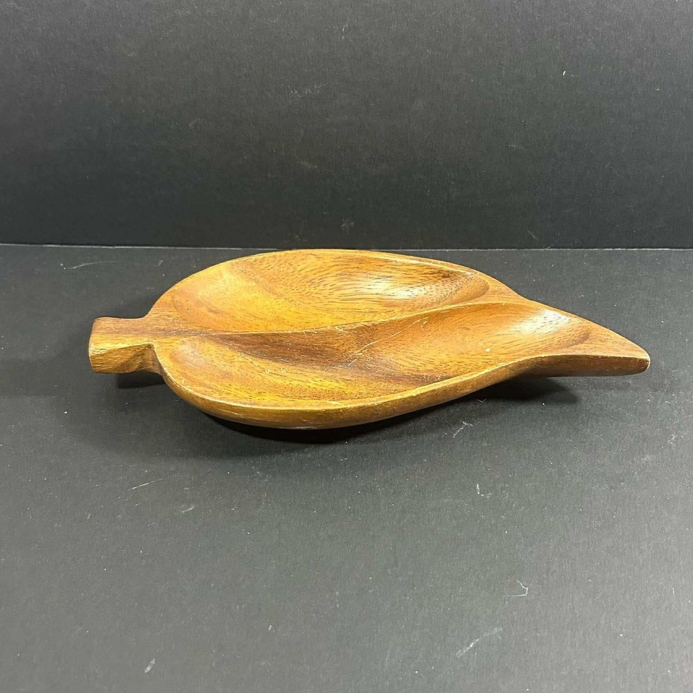 Davar Wooden Leaf Divided Tray Serving Dish Brown‎ Handcrafted Vintage
